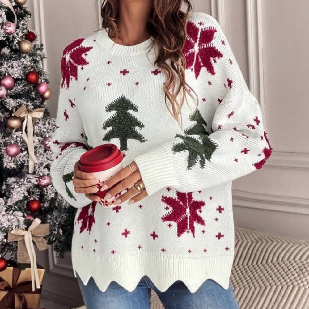 Cozy Holiday White Sweater with Red and Green Patterns